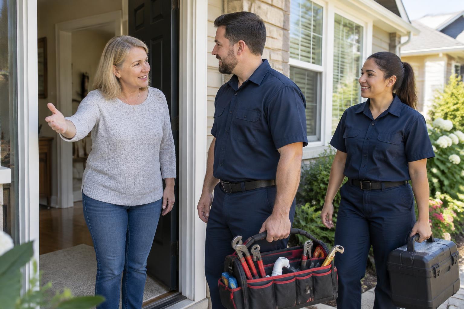 Two plumbing service professionals with tools speaking with a customer at her front door