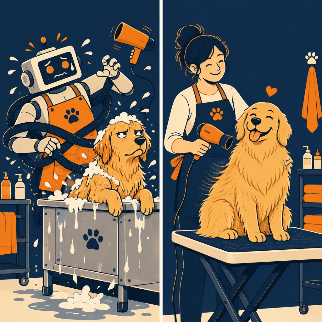 Cartoon of a robot tangled in a hose splashing suds everywhere while bathing an unimpressed dog, next to a calm groomer drying the same dog, who looks delighted.